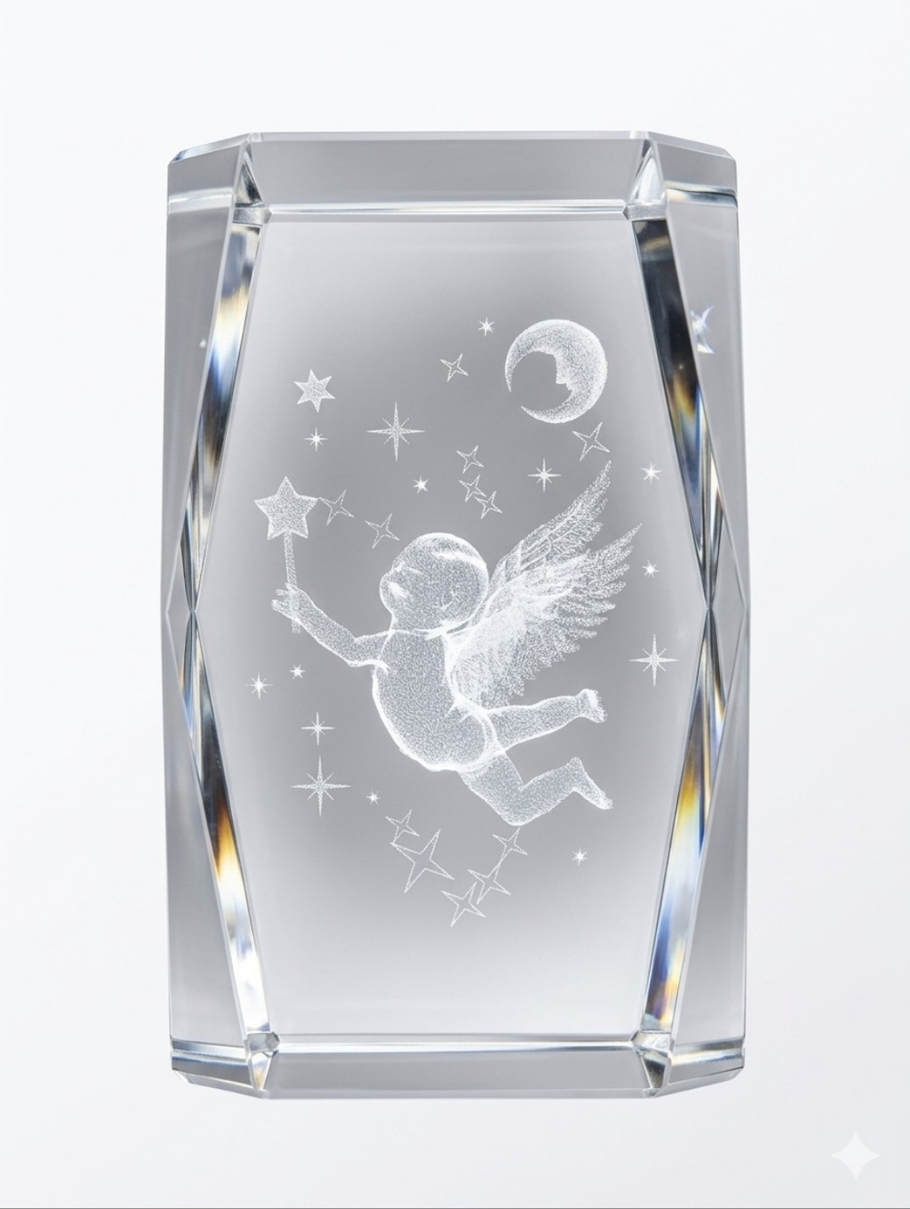Vintage Crystal Hologram Etched Angel Paperweight / Decor – Moon & Stars Cherub